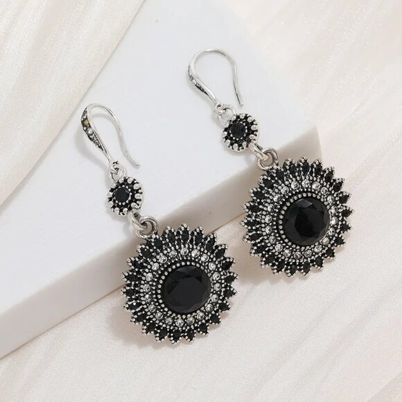 2/$24 Black Crystal Sunflower Dangle Earrings With Silver-Tone Detailing For Wom - Picture 1 of 8